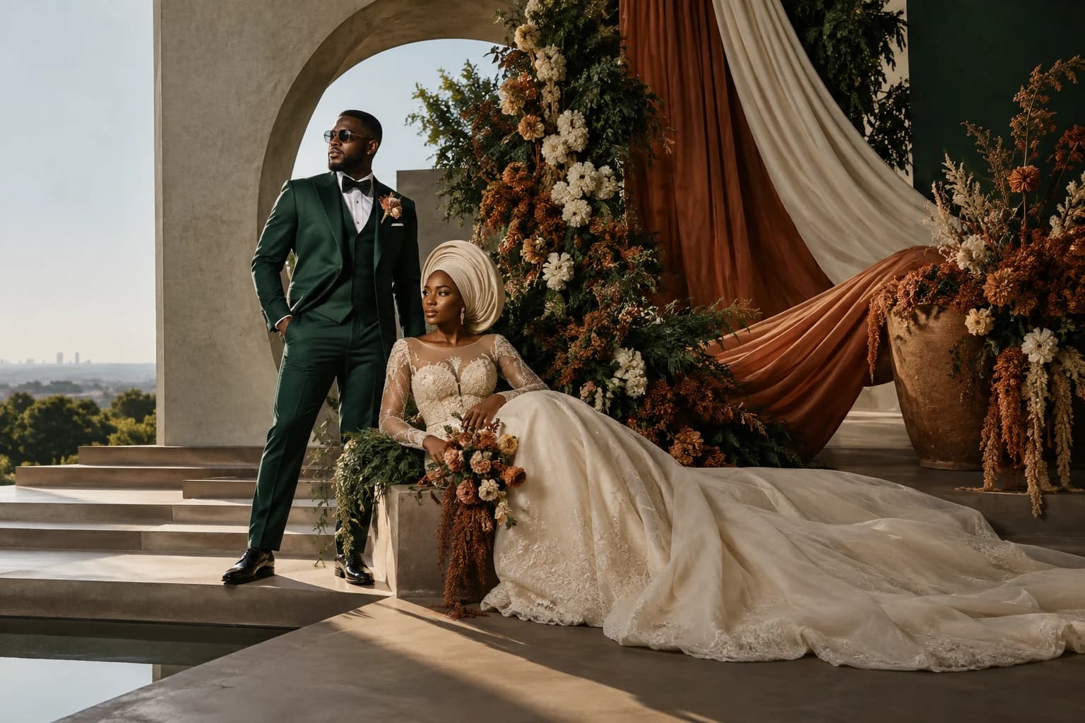 Contemporary Nigerian wedding portrait with sculptural florals representing the Plus experience