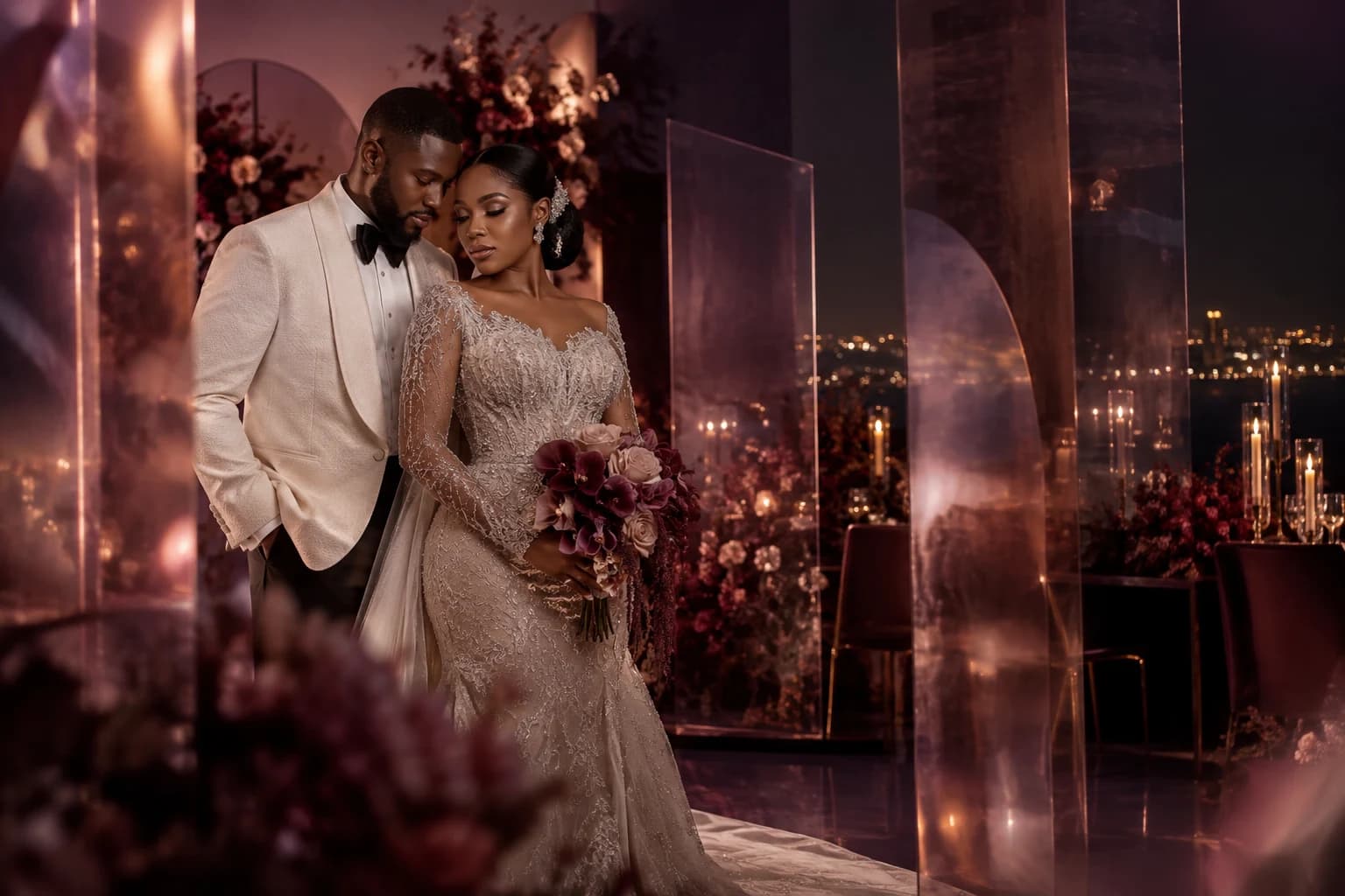 Cinematic Nigerian wedding portrait through translucent glass representing the Signature experience
